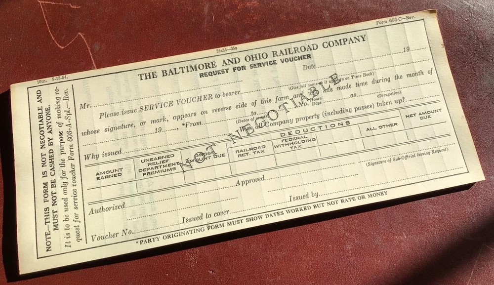 Vintage 1954 Baltimore And Ohio Railroad Service Voucher Tickets Unused Pad-image