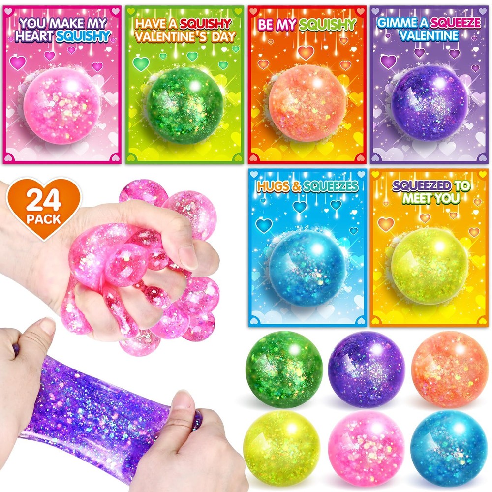 Valentines Day Cards for Kids 24 Pack with Squeeze Balls