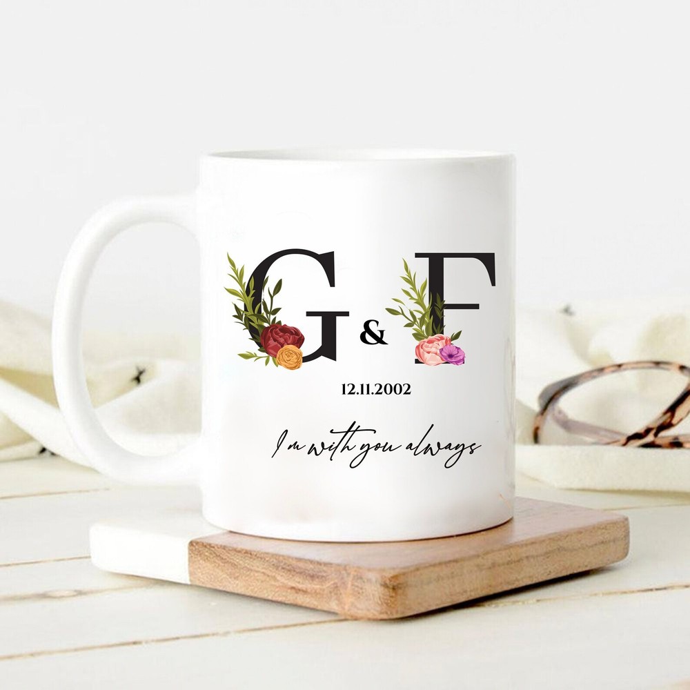 Customizable Couple Mug with Monogram Floral Design - Add Photos & Text for Anniversary