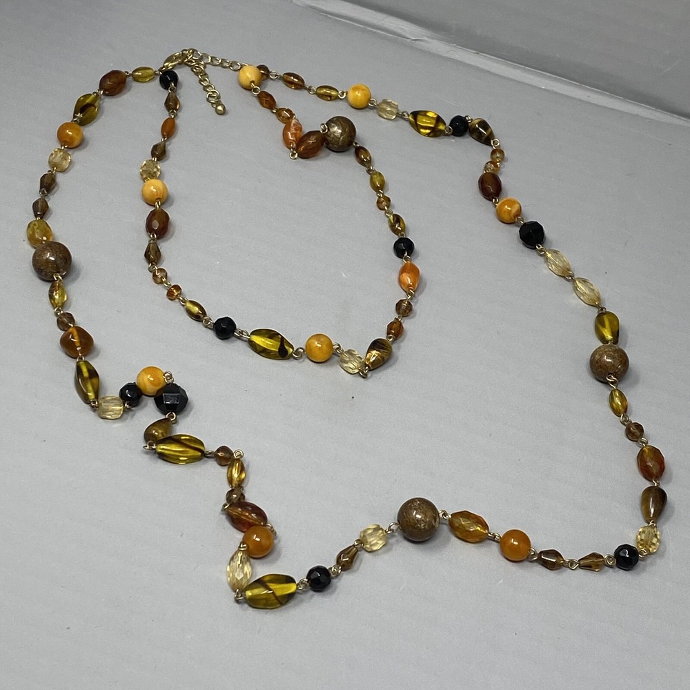 Beaded Necklace Double Strand Short Long Tigers Eye Glass Brown Cream Givre