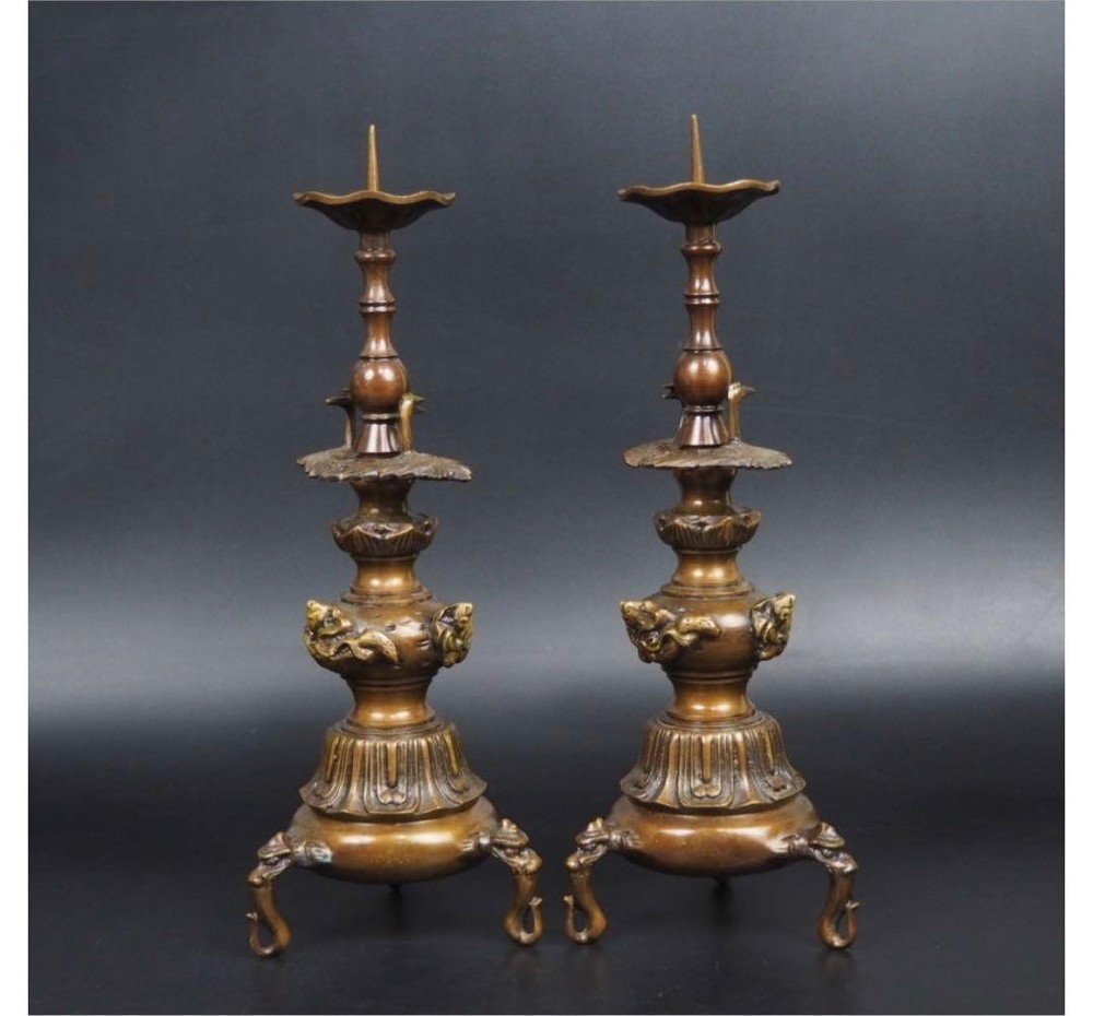 Bronze 10.8 inch Candle Holder Pair Vintage Japanese Candlestick Buddhism