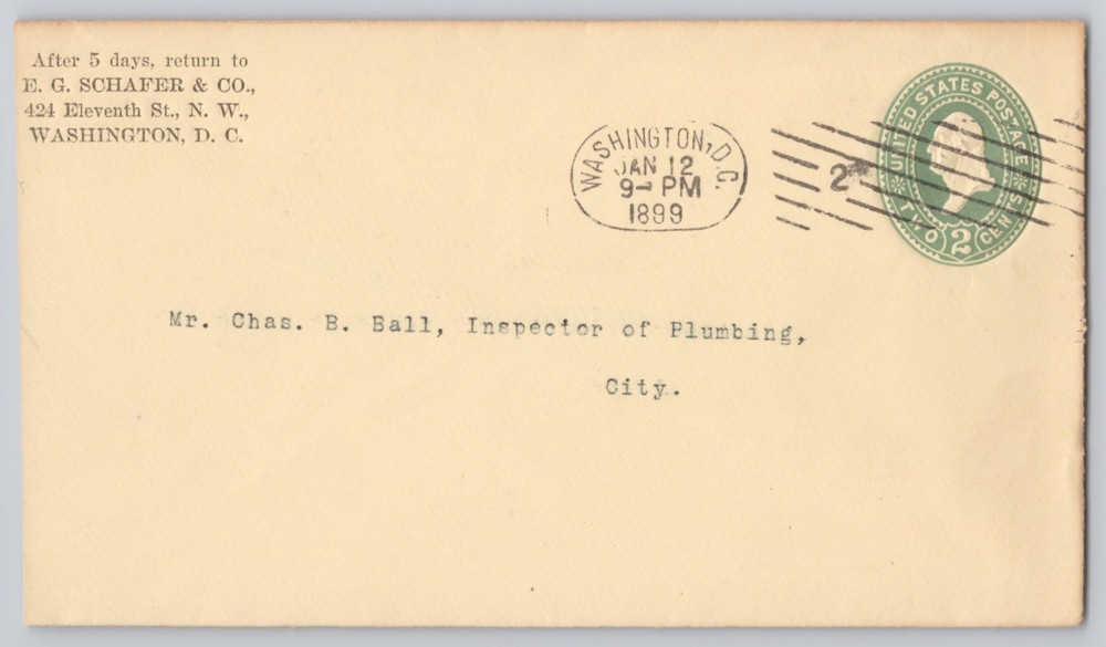 Washington, DC E.G. Schafer & Co. 2c Postal Card Un 1899 Postal History