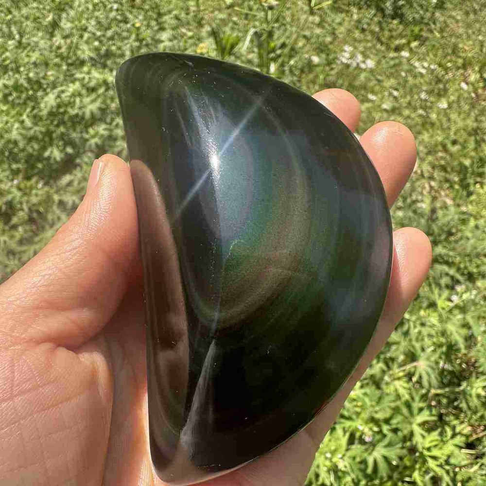 255g Natural Rainbow Cat's eye Obsidian palm Crystal Healing gift decor