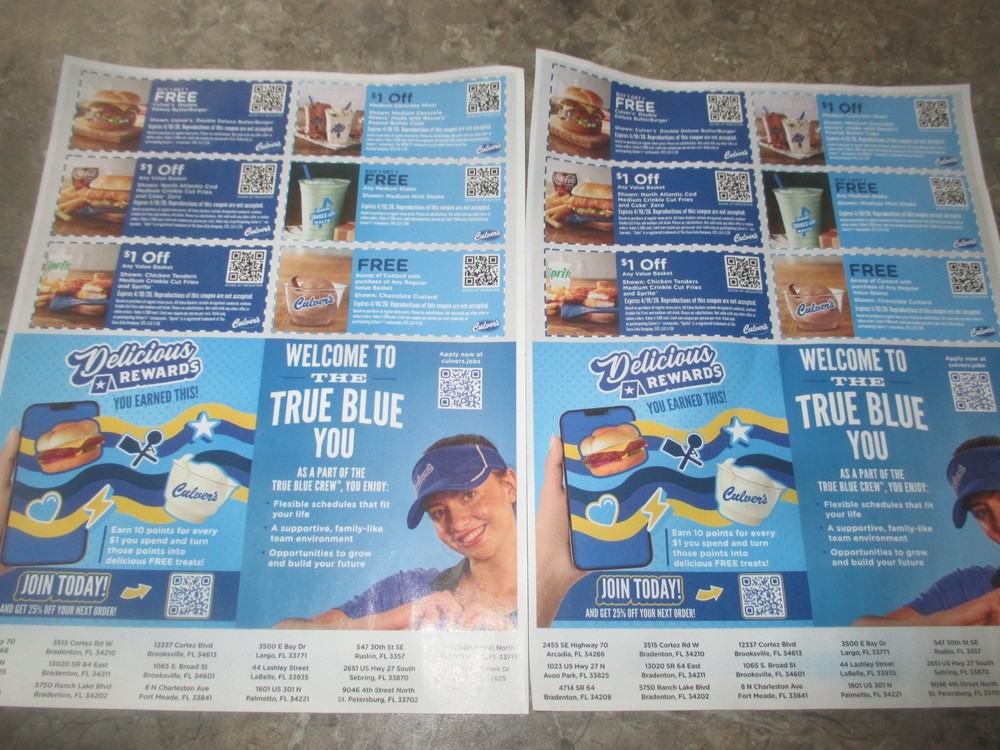 2 - CULVER'S COUPON SHEETS / 12 CULVER'S COUPONS-image