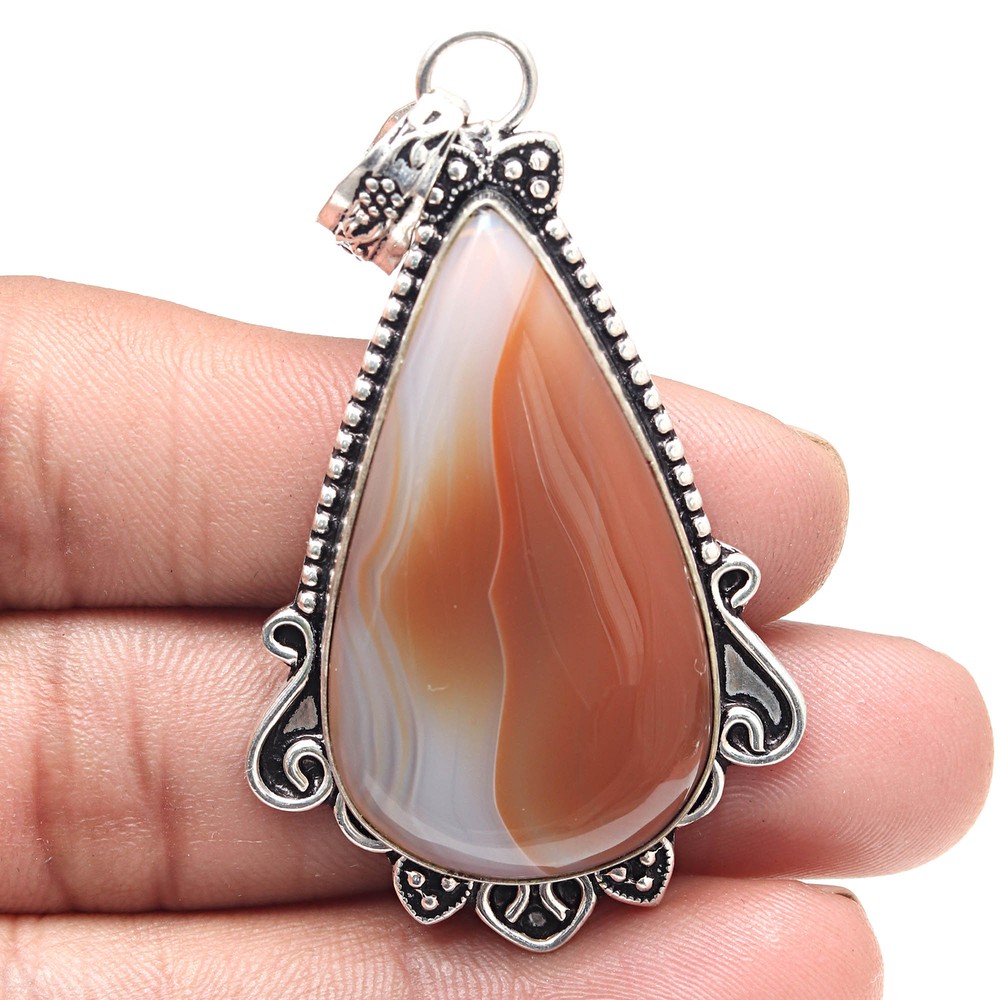 Banded Agate Pendant Silver Valentine Gift Jewelry 2.5 Inch
