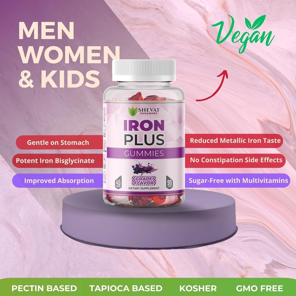 Iron Plus Gummies 90pcs Chewable Support anemia and Immune Grape Flavor NEW