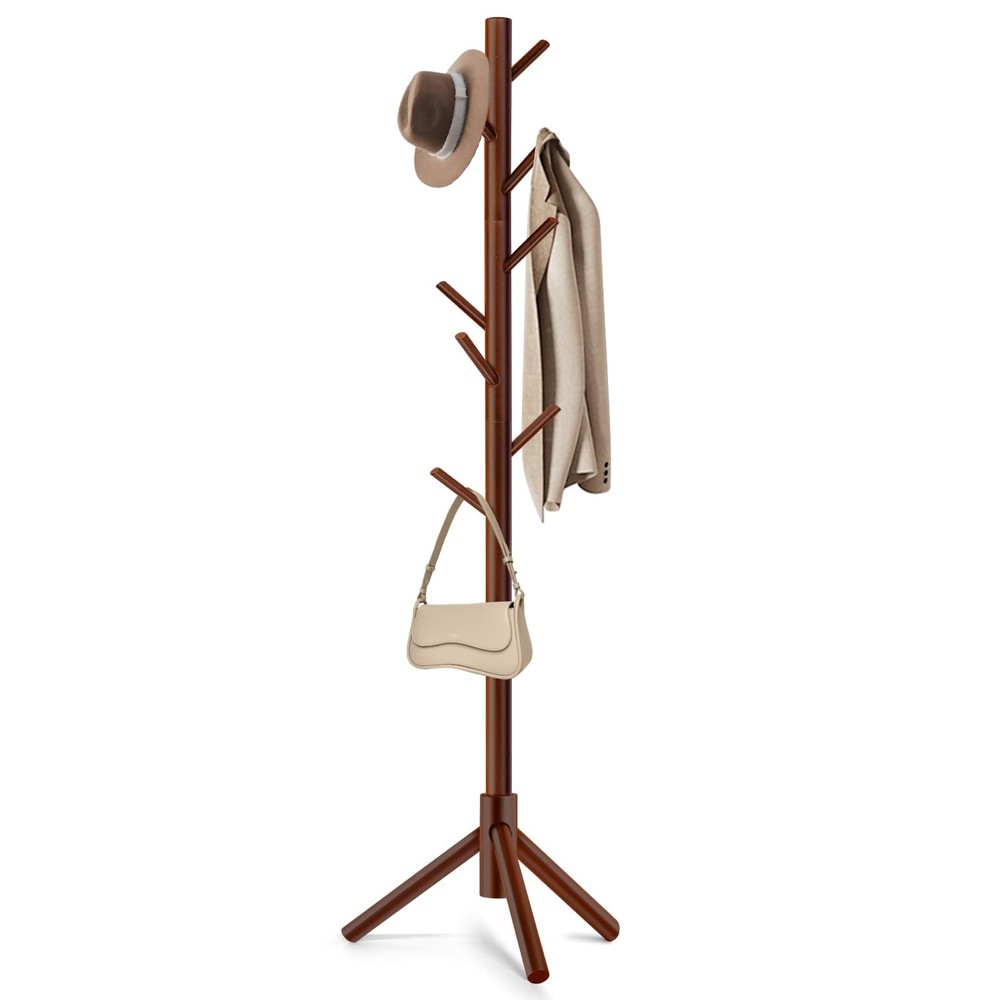 Freestanding Coat Rack with 8 Hooks & 3 Adjustable Shelves for Entryway Storage