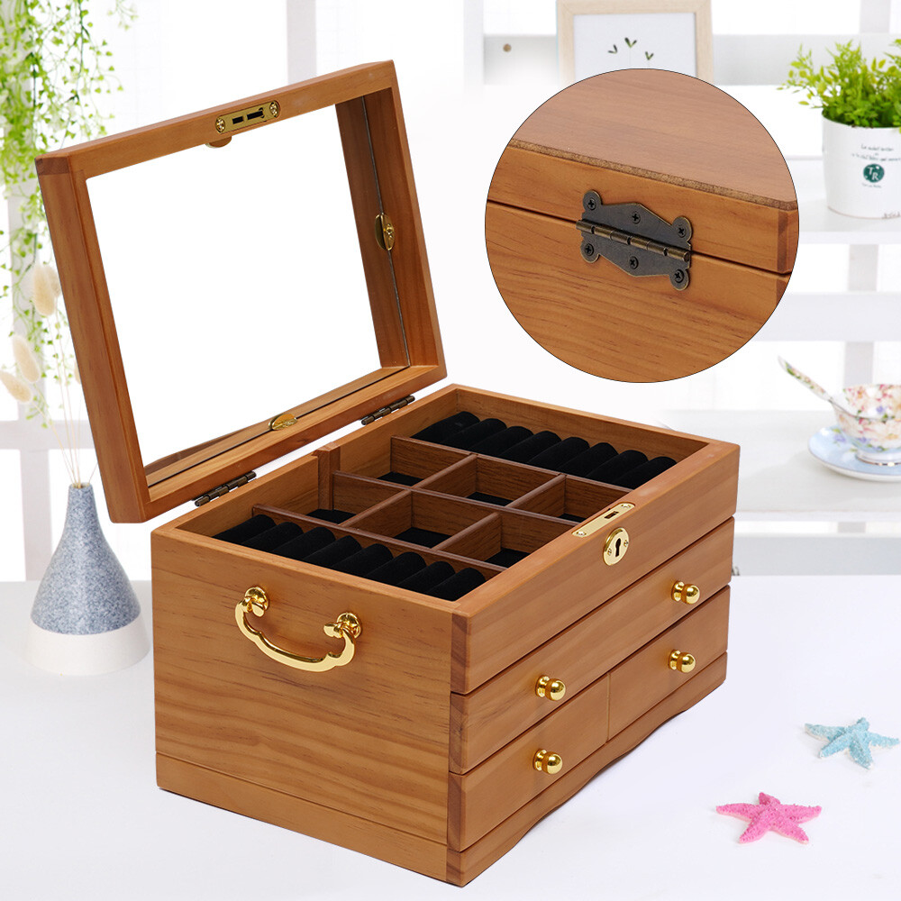 Large Capacity Wooden Jewelry Box  W/ Safe Lock 3 Layers Retro Storage Organizer