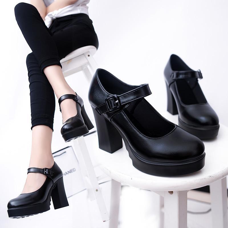 Women Faux Leather Mary Jane Buckle Platform Heels Round Toe Pumps