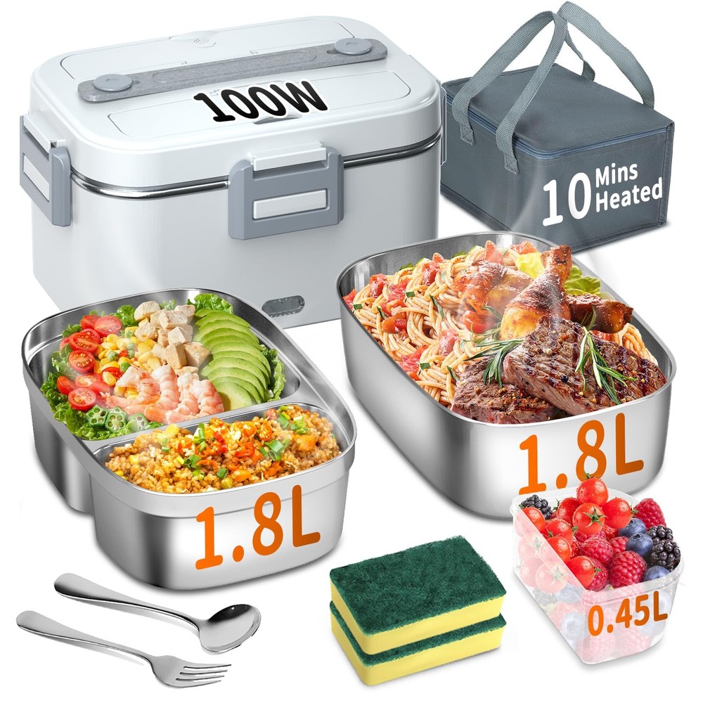Portable Electric Heated Lunch Box for Adults with Dual 1.8L Containers and ON/OFF Power Switch