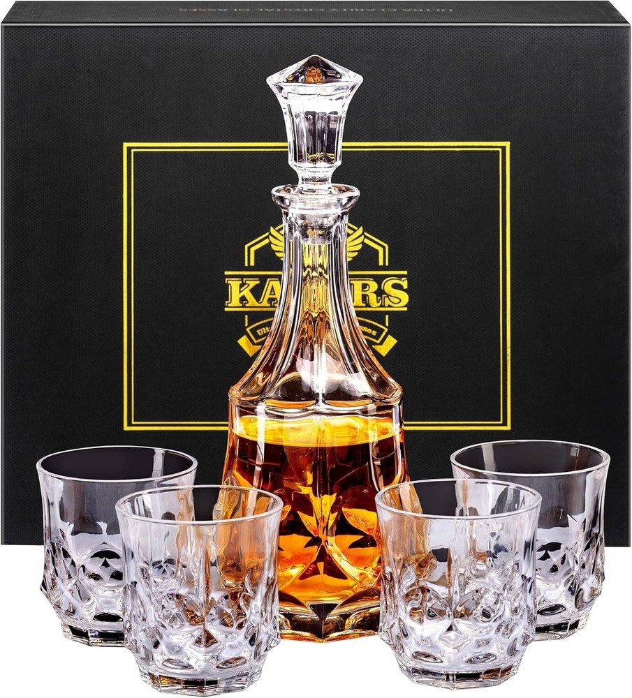 Whiskey Decanter Sets for Men, 25 Oz Liquor Decanter with 10 Oz Crystal Glasses