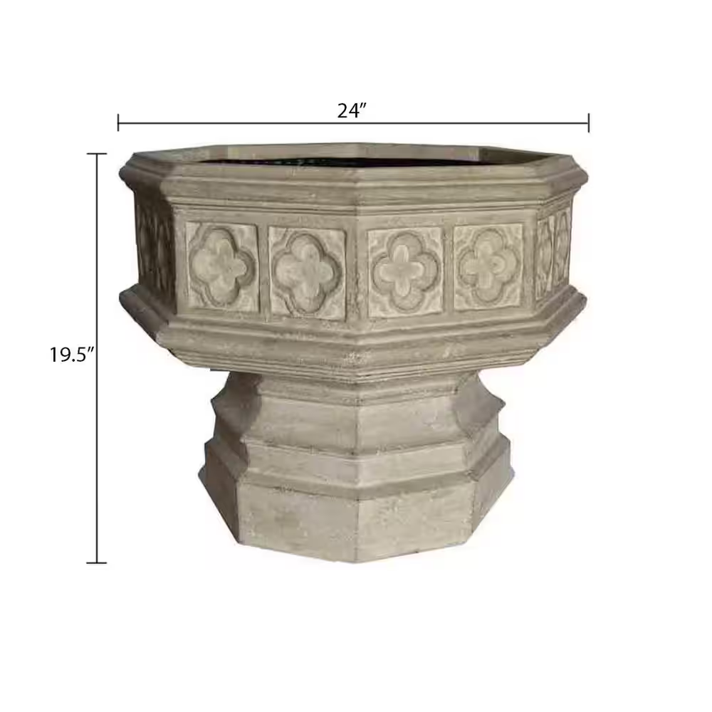 24-Inch Limestone Cast Stone Fiberglass Gothic Hexagonal Urn