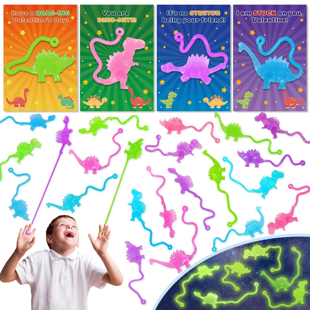 32 Packs Sticky Dinosaurs Valentines Day Gifts for Kids School Classroom Glow...