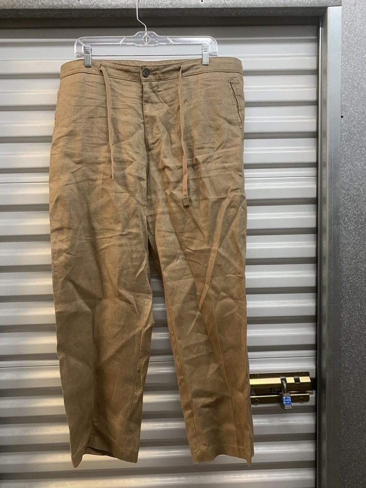 Tasso Elba Linen Pants for Men 38x29 Flat Front Brown Trousers