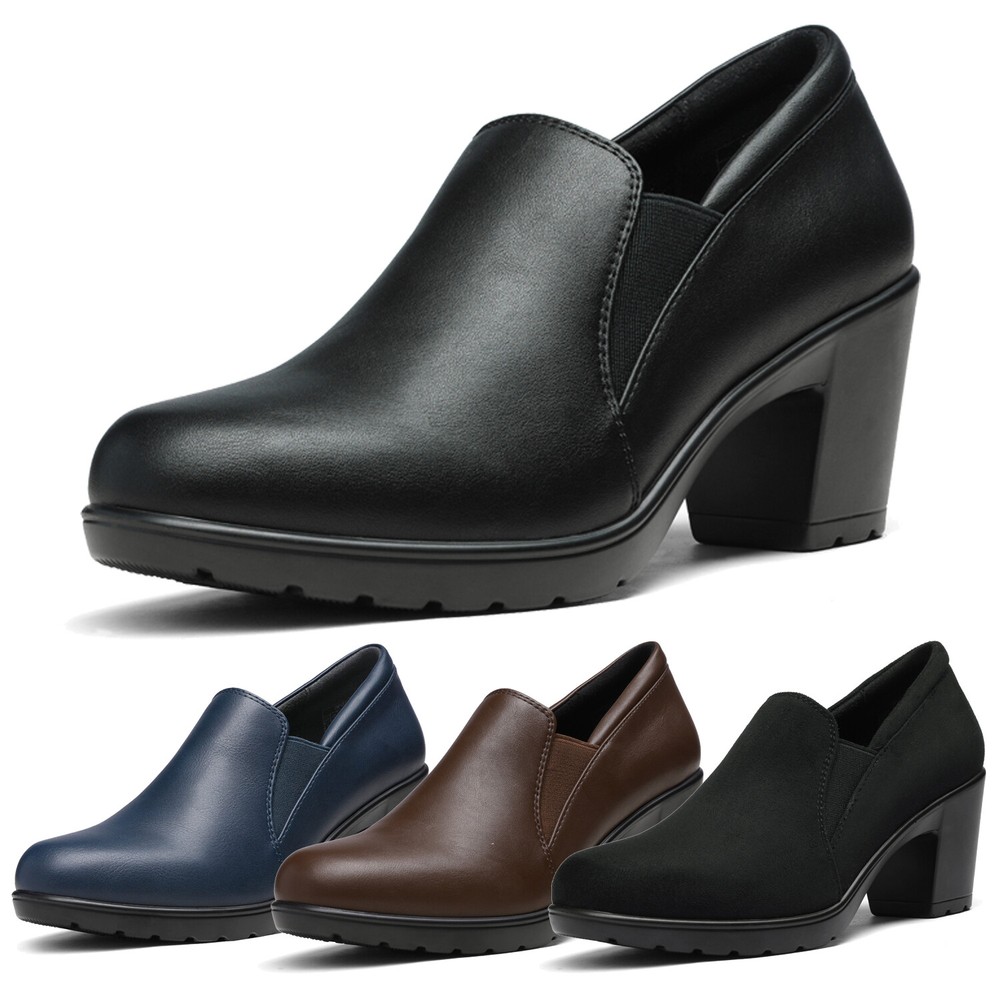 Women Slip On Pump Shoes Close Toe Low Chunky Heel Dress Pumps