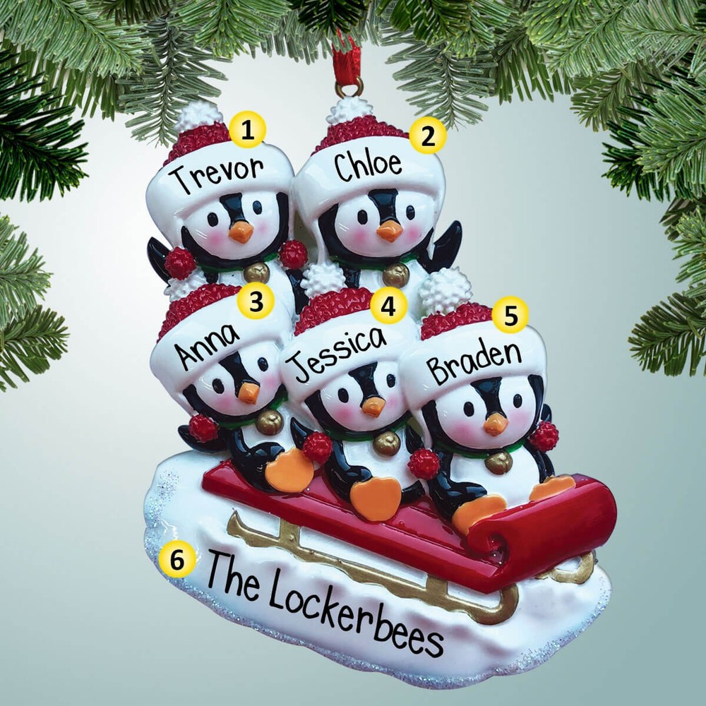 Penguin Sledding Family - Family of 5 - Personalized Christmas Ornament