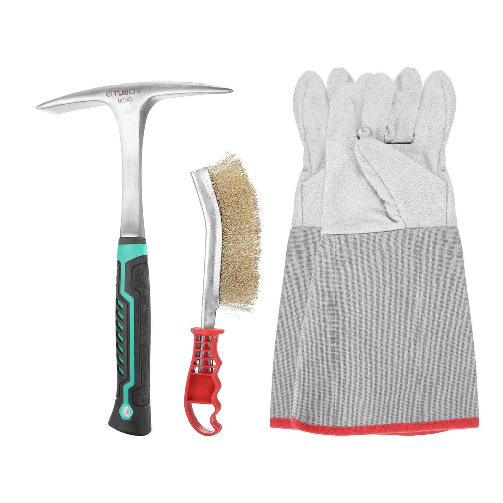 3pcs Slag Remove Tool 28oz Welding Hammer with Wire Brushes & Gloves,White