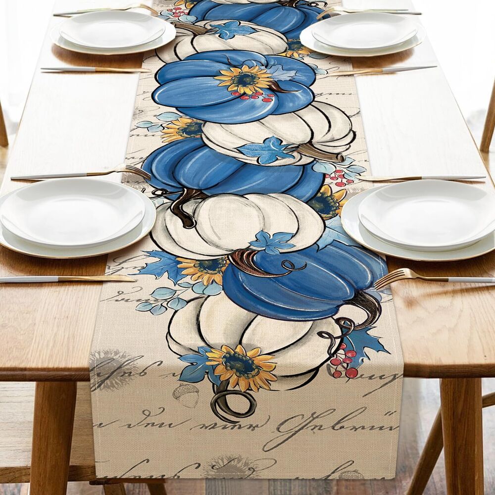 Fall Blue White Pumpkin Table Runner, Autumn Thanksgiving Sunflower Eucalyptu...