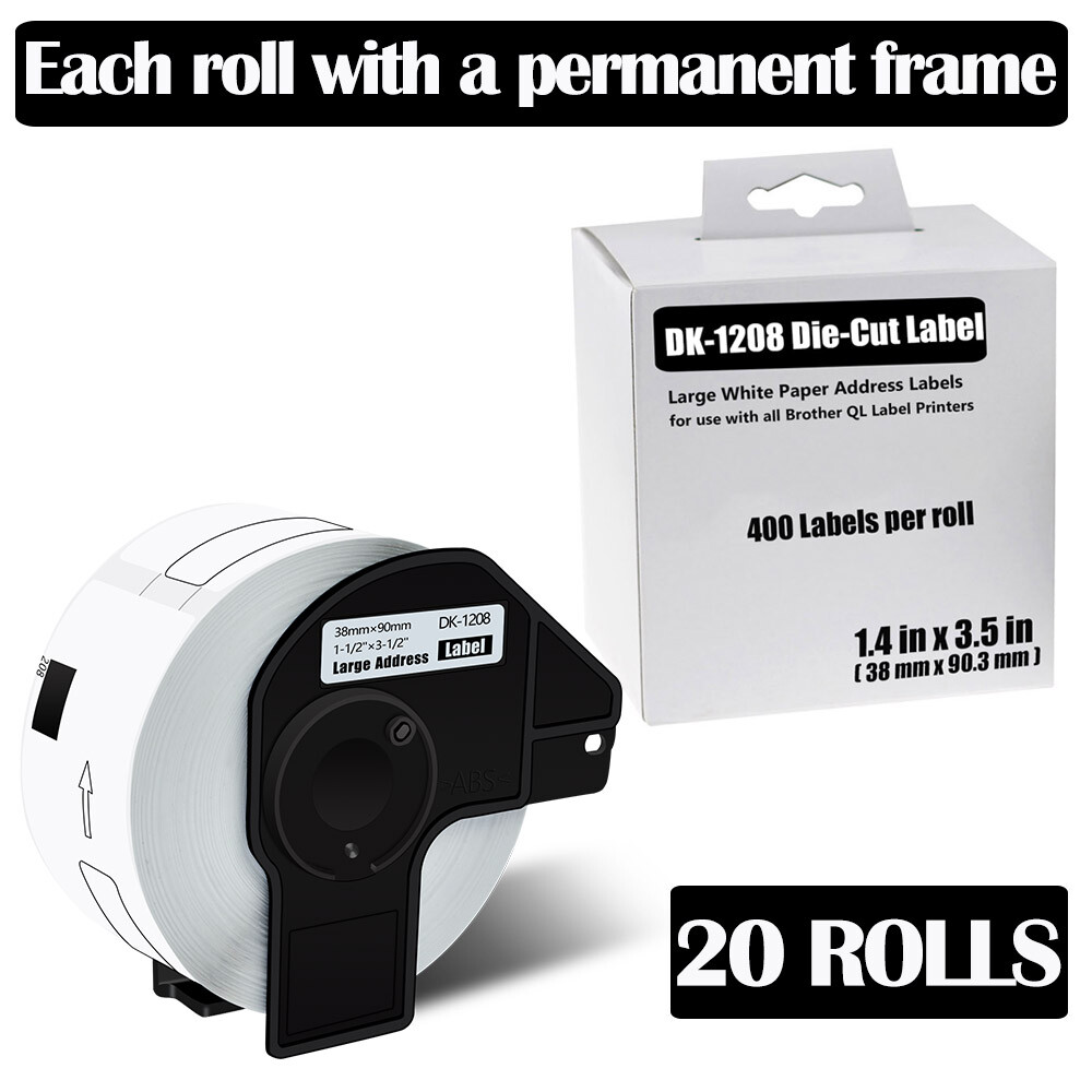 Brother QL DK-1208 1.4x3.5 Permanent Frame Label Rolls 20-Pack