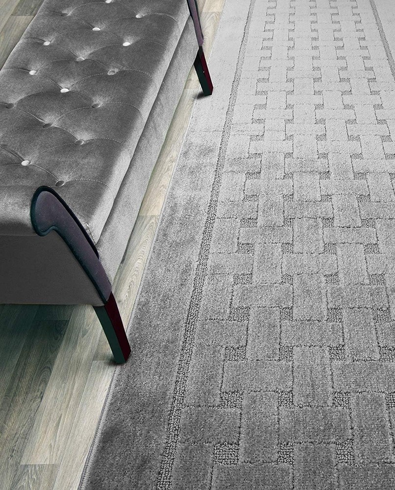 8 ft Grey Non-Slip Washable Runner Carpet 2x8 Labyrinth Design