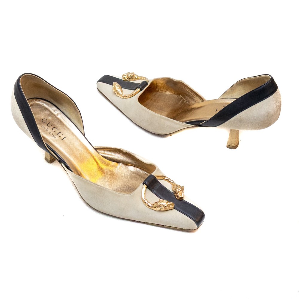 Vintage Gucci Beige Suede Black Leather Kitten Heel Pumps with Lion Head Sz 9