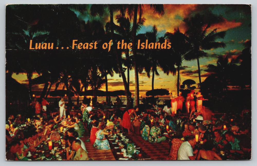 Waikiki Hawaii HI Luau Queens Surf Beach Feast of the Islands 1960 Postcard D12