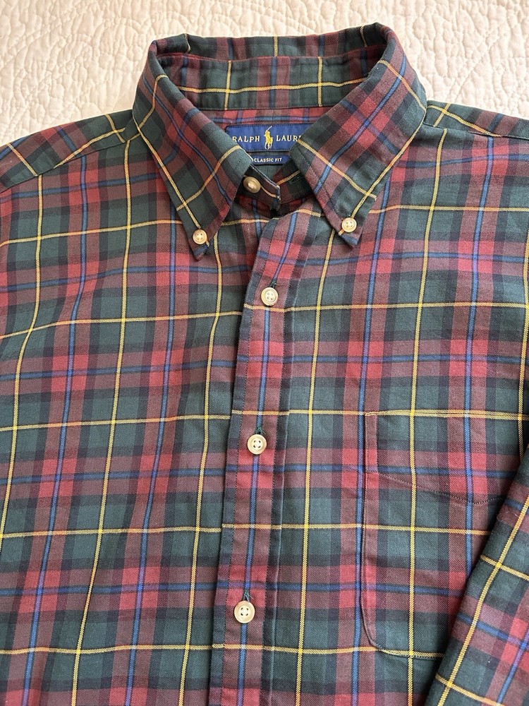 VTG Ralph Lauren Mens LS Shirt SZ Large Maroon/yellow/green/blue Plaid Preppy