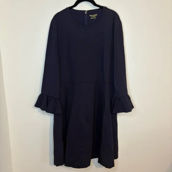 Kate Spade Navy Blue 3/4 Bell Sleeve Fit and Flare Zip Up Dress Size XXL Pockets