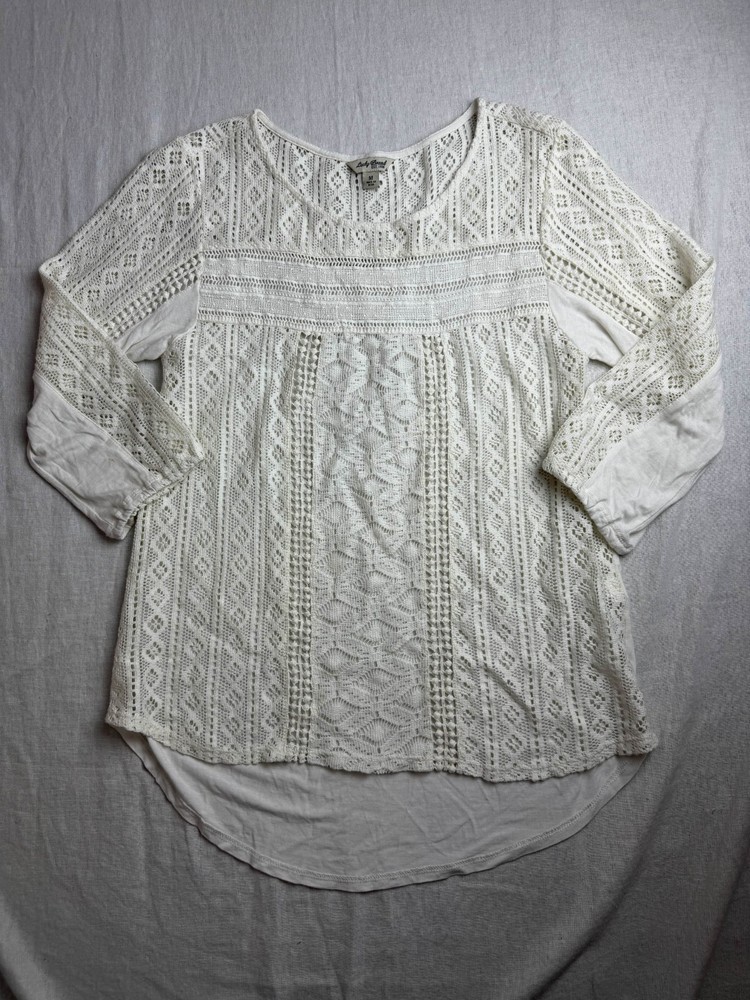 Lucky Brand Top Womens M Ivory Crochet Lace Boho Peasant Cottagecore Romantic