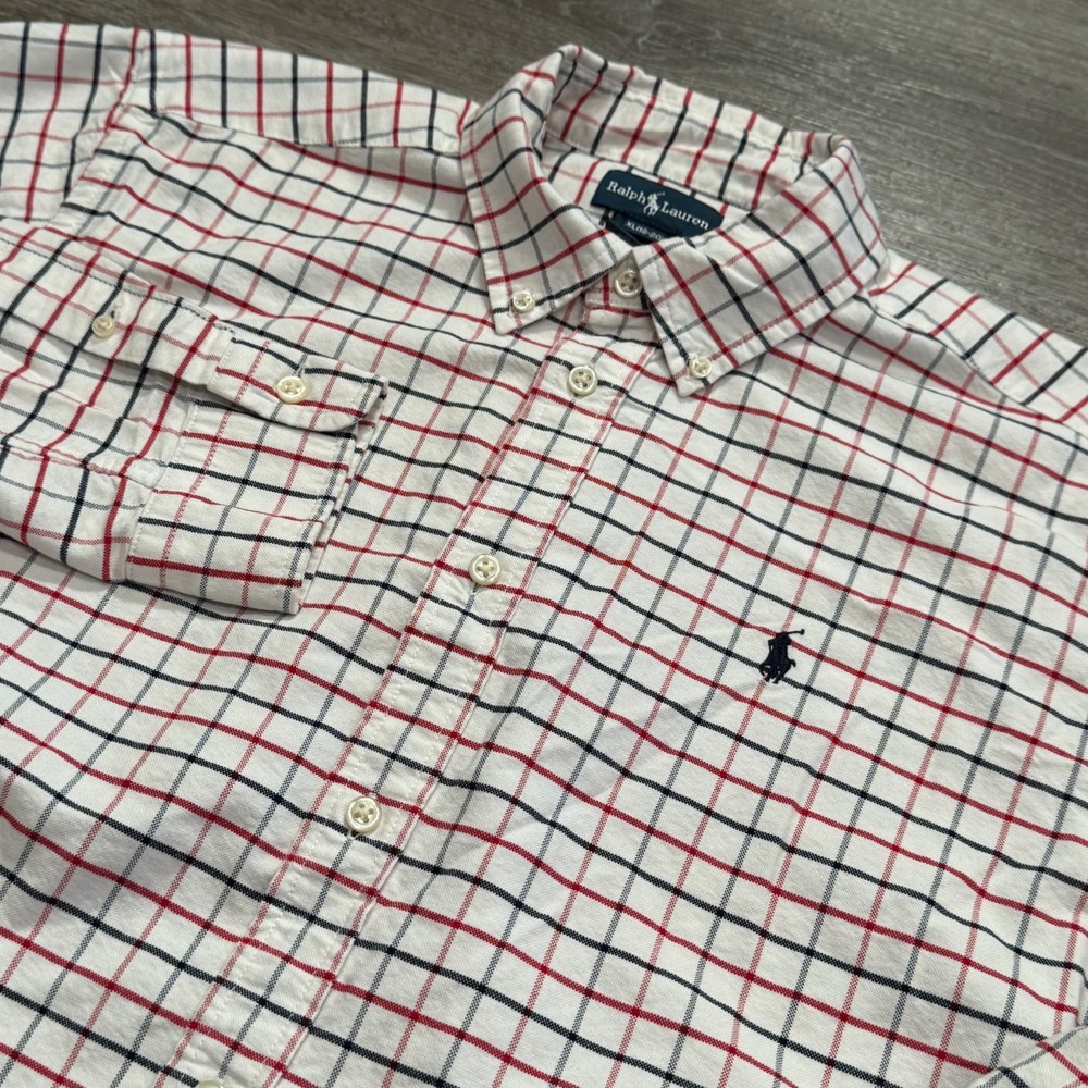 Ralph Lauren Shirt Boys XL 18 20 Red Blue Windowpane Oxford Button Up Pony Knit