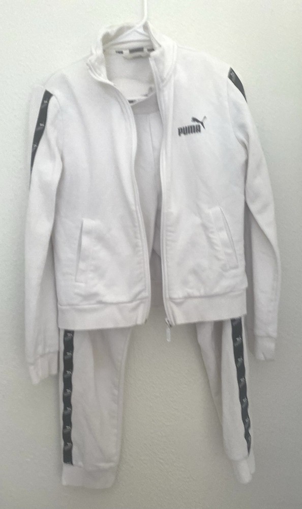 PUMA Men's White Tracksuit Set S Logo Tape Track Jacket & Pants Tapered Leg
