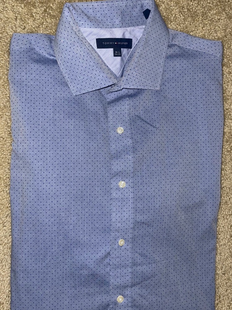 Tommy Hilfiger Men's Blue Dot Long Sleeve Button Down Shirt Size 16.5 34-35 EUC