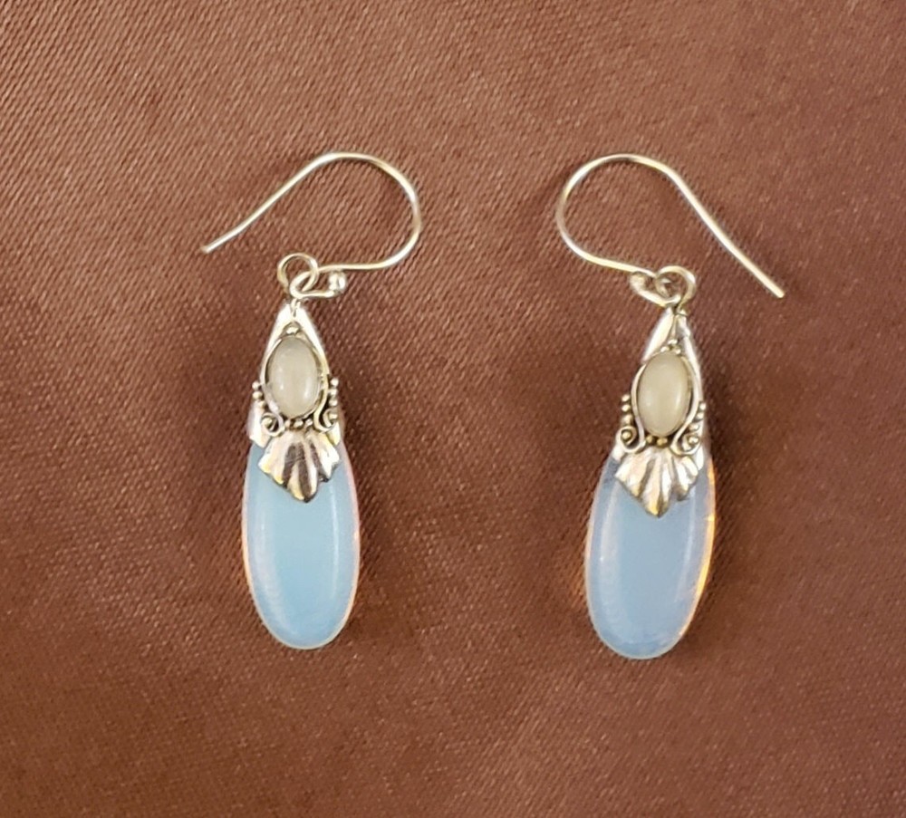 EARRINGS, GLASS (Opal), Moonstone, Tear Drop, S. Silver .925, Hook, 1