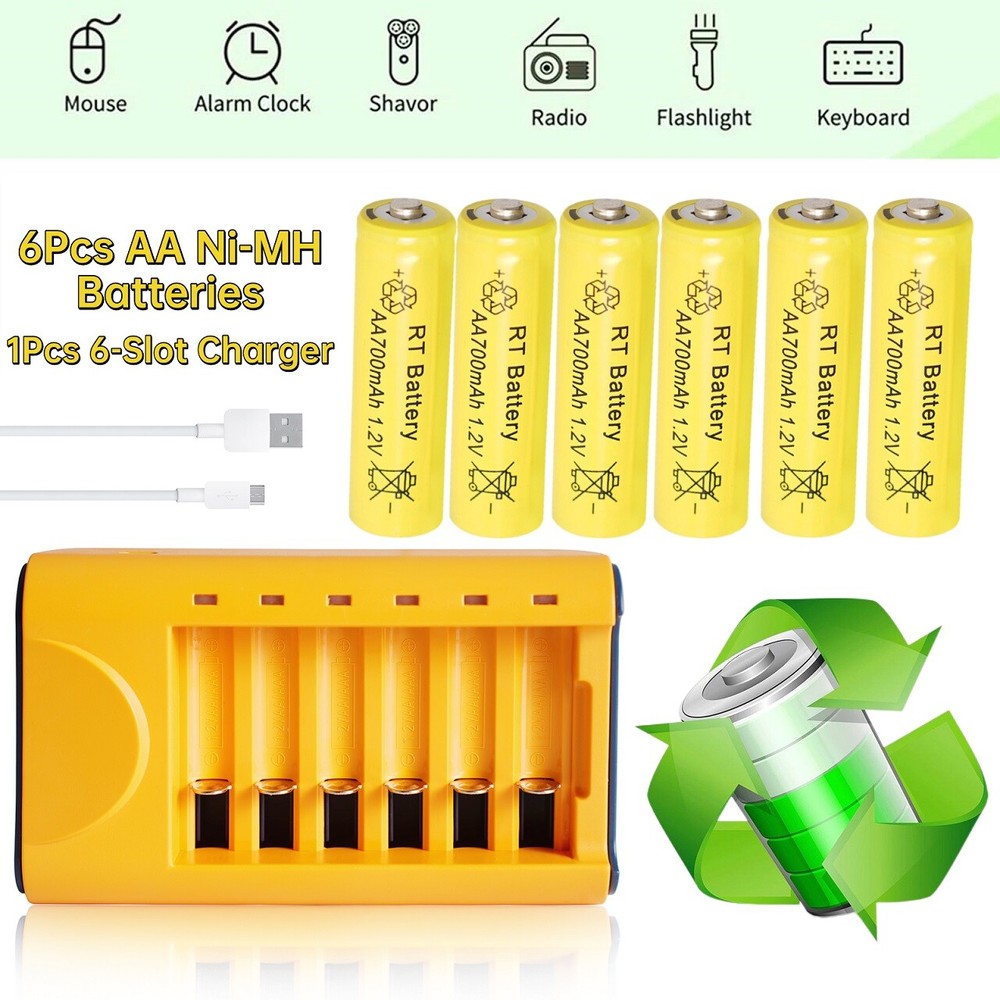 6Pcs 1.2V Ni-MH AA Rechargeable Batteries with 6-Slot Smart Battery Charger AA