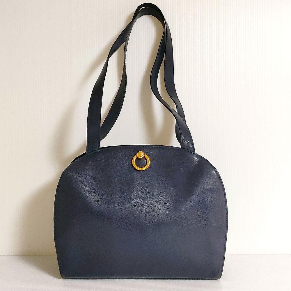 [Authentic Used] Vintage CELINE Circle Logo Shoulder Tote Bag Navy Leather