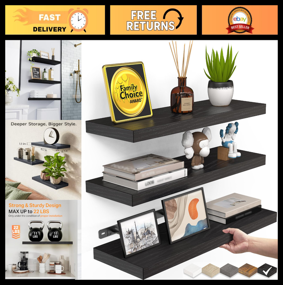 Rustic Floating Wall Shelves Set of 3 - 15.7in Black Wood Storage for Home Decor