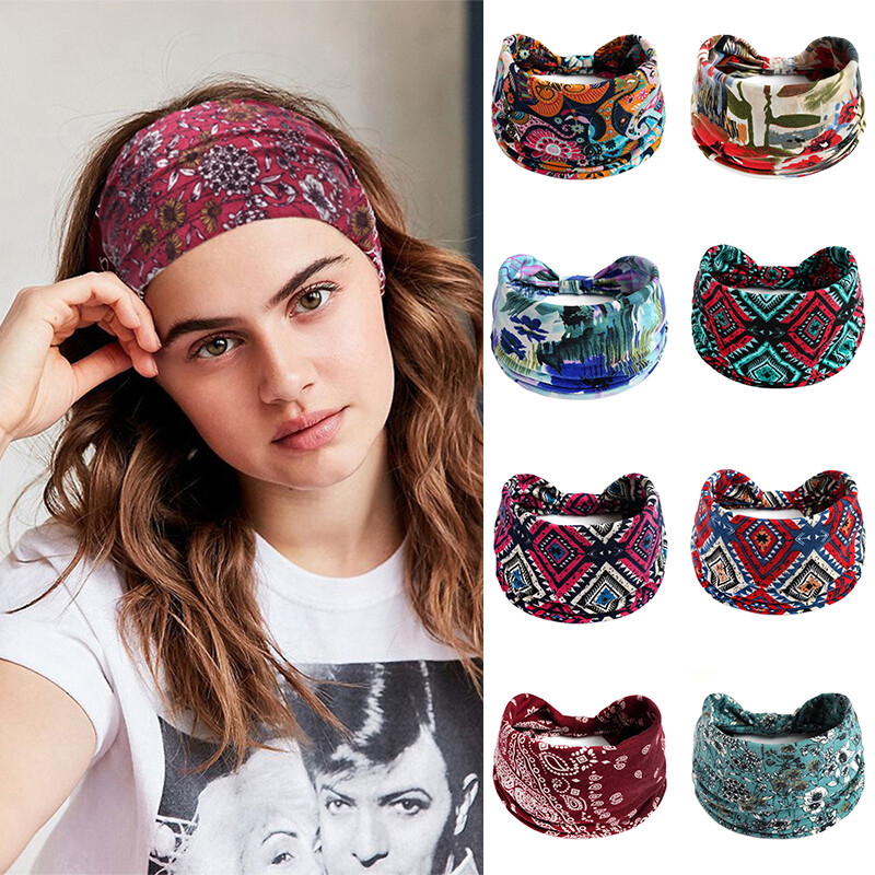 Hair Accessories Boho Flower Print Wide Headbands Cashew Yoga Hairband Headwear
