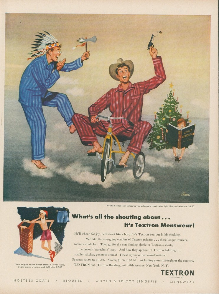 1948 Textron Pajamas Men Playing Cowboy Tricycle Christmas Tree Vtg Print Ad L13