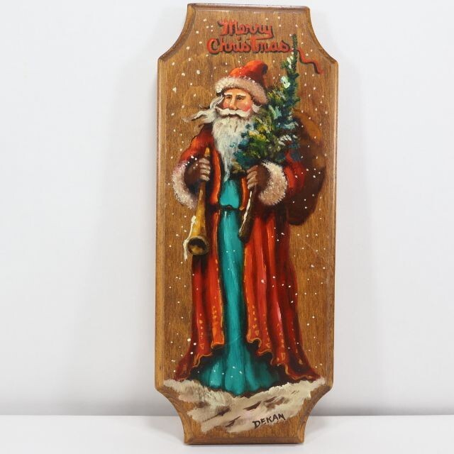 Vintage Old World Father Christmas Hand Painted Wood Plaque Santa Claus Dekan