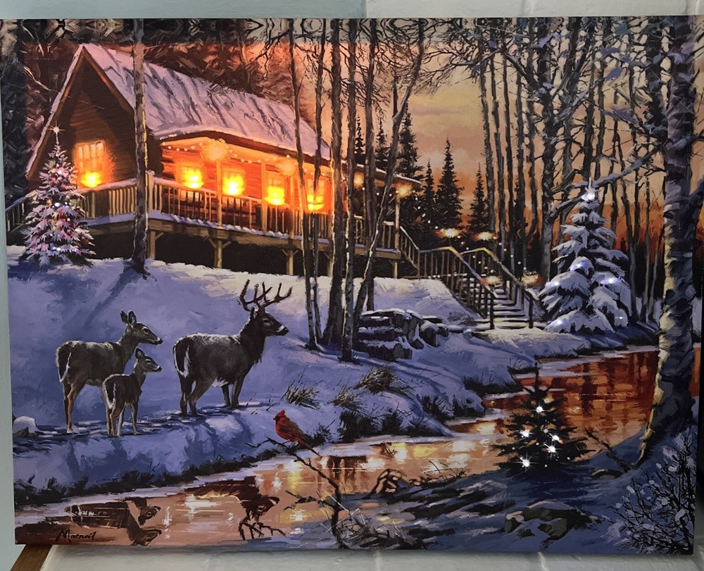 Christmas Winter Illuminated Canvas Wall Art Cabin Deer Lighted Trees 12x16