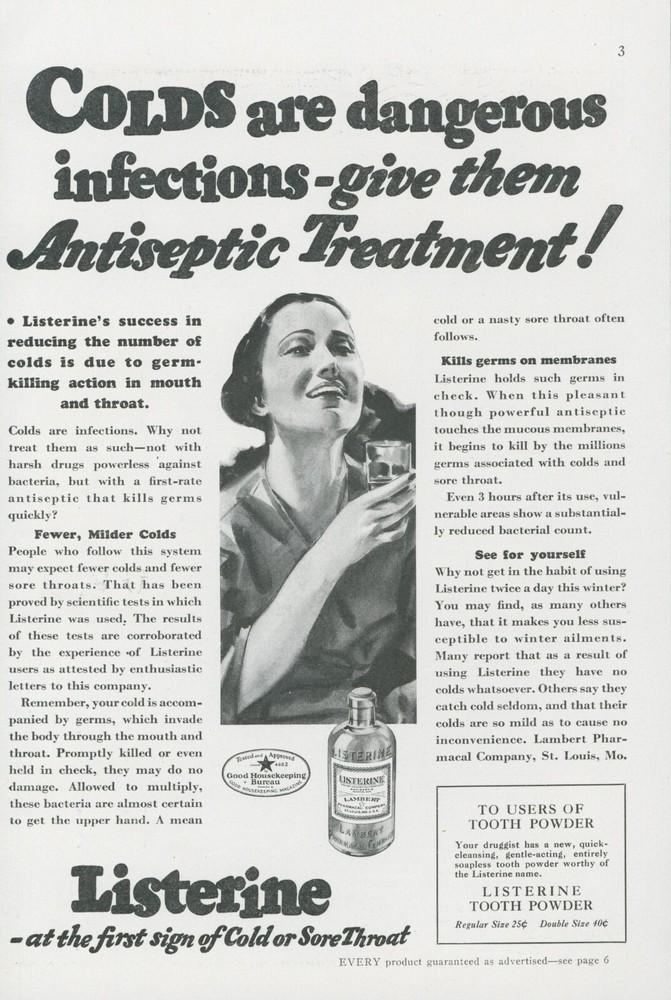 1936 Listerine Antiseptic Treatment Cold Infection Tooth Powder Vtg Print Ad GH1