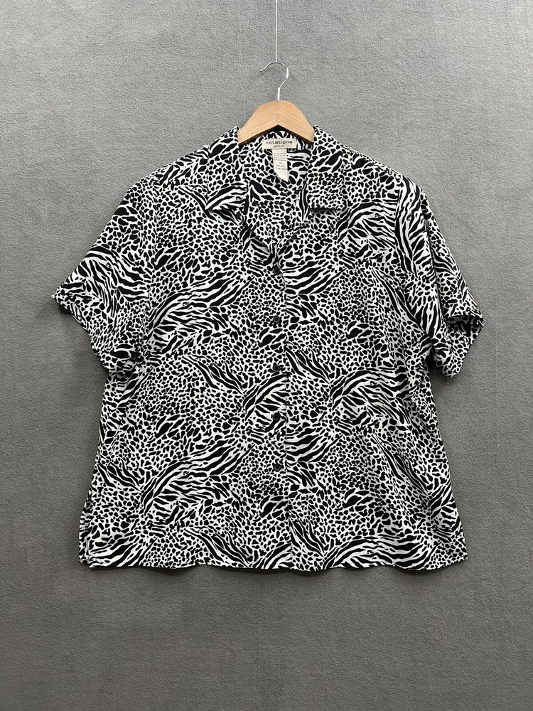 Notations Women’s 1X Short Sleeve Button Down Animal Print Blouse