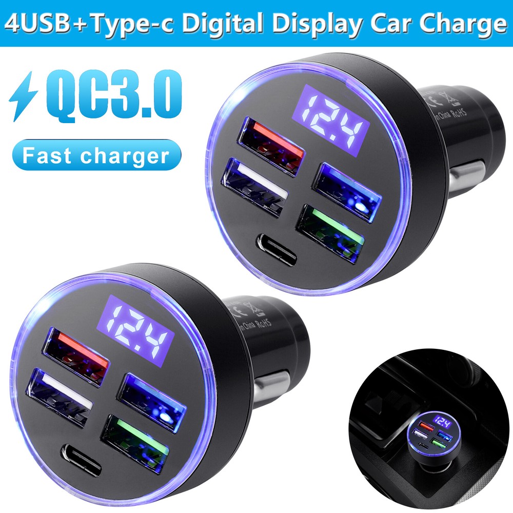 2PCS 4USB PD Type-C Car Fast Charge Adapter With Voltage Monitor Digital Display