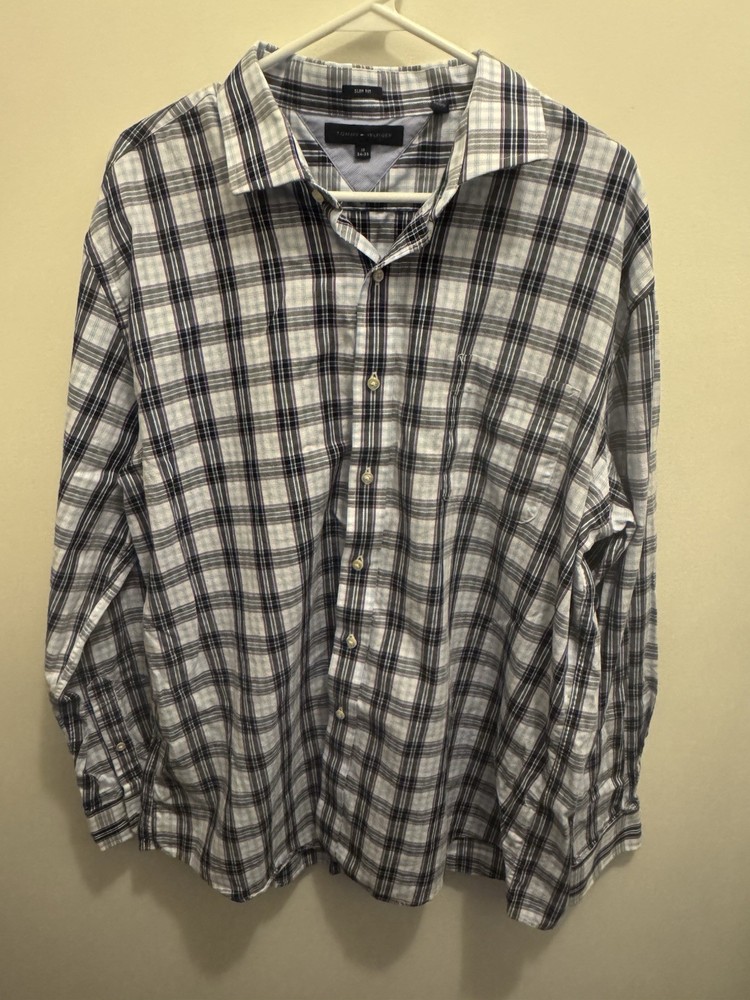 Tommy Hilfiger Men's Slim Fit Multicolor Plaid Button Down Shirt Size 18 34/35