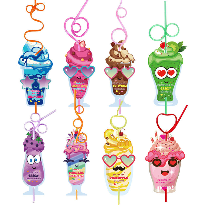 Valentines Day Gift Cards with Colorful Crazy Loop Reusable Drinking Straws-image