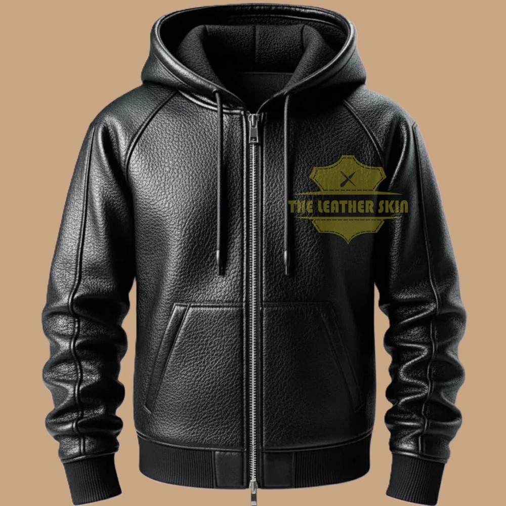 Men's Black Real Premium Leather Hoodie Handmade Genuine Lambskin Leather Hoodie