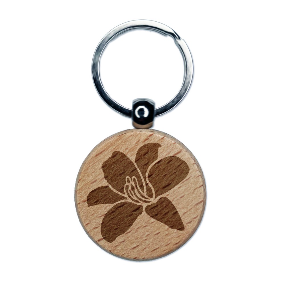 Daylily Lily Flower Engraved Wood Round Keychain Tag Charm
