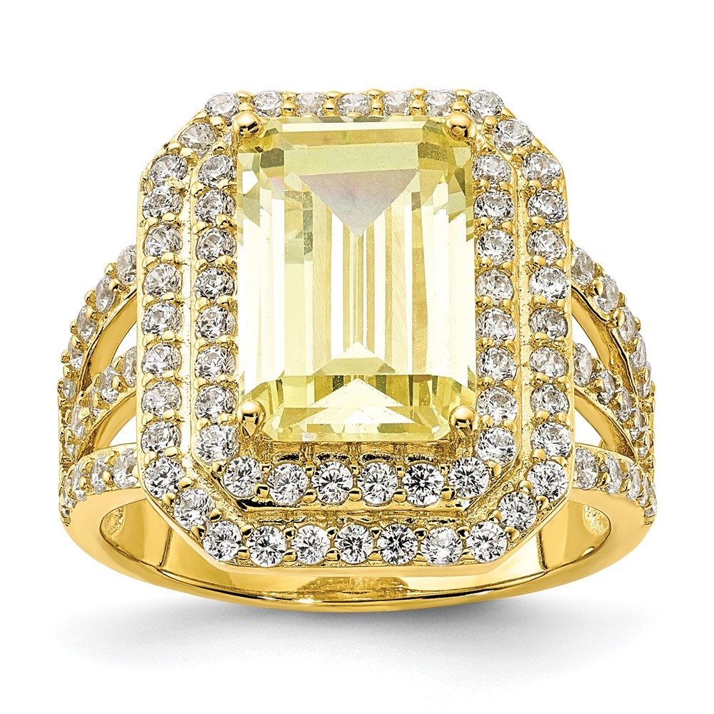 Sterling Silver Gold-plated Canary Yellow Emerald & Cubic Zirconia Ring Size 7