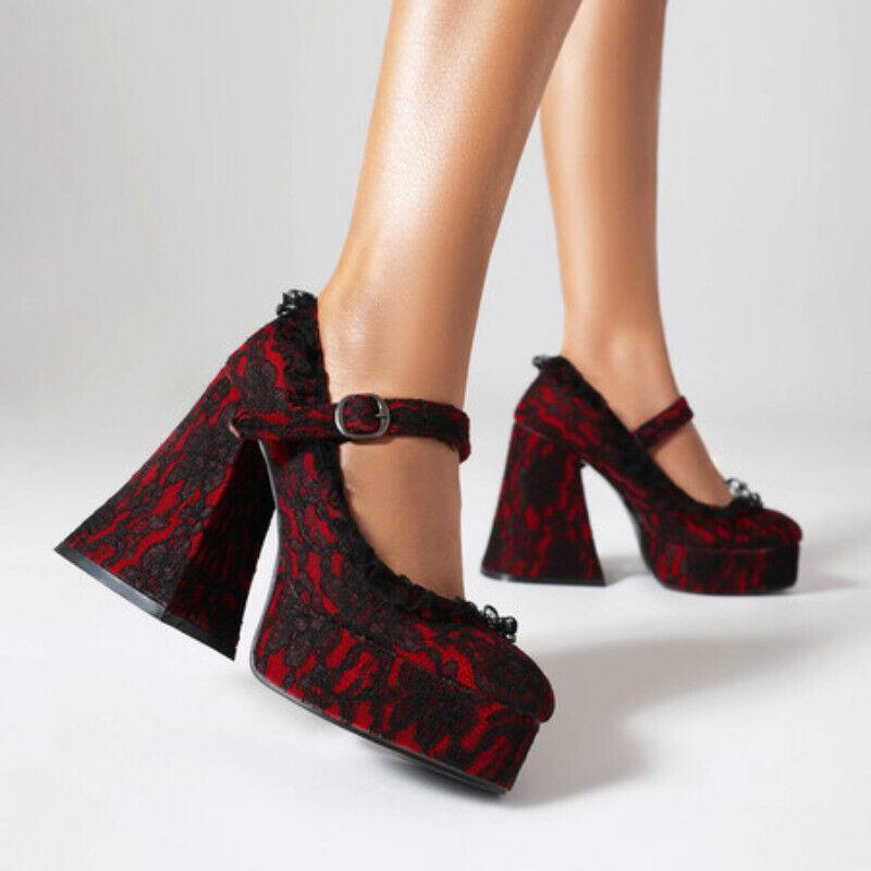 Women Round Toe Lace Platform Block Heel Buckle Strap Casual Shoes