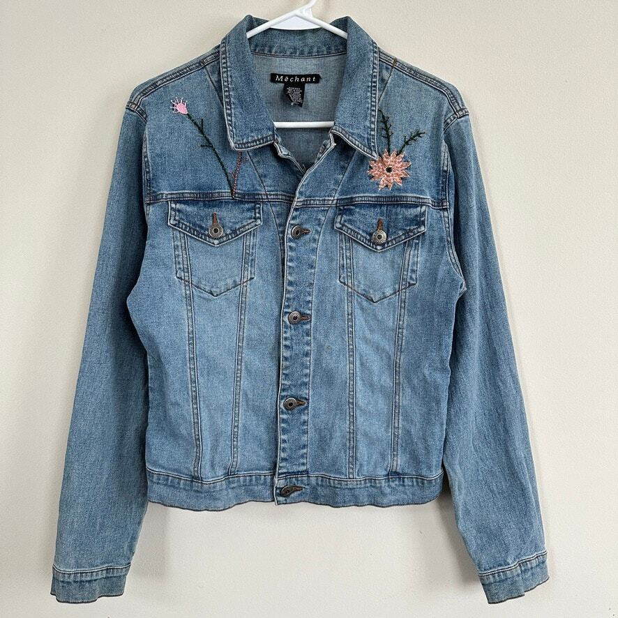 Mechant Floral Embroidered Beaded Denim Jacket Long Sleeve Button Front